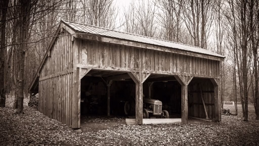 early post frame building with tractor inside