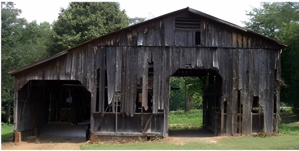 A rustic old American barn showing the simple post and beam framework