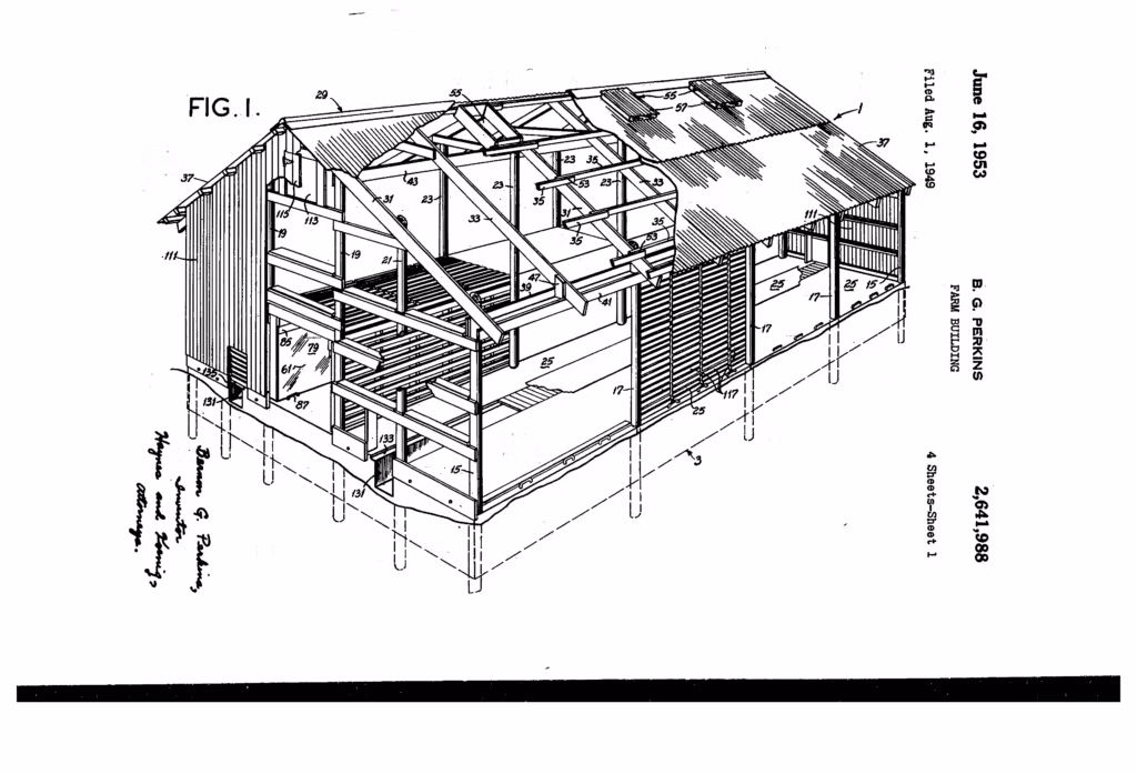 Drawing of pole barn for U.S. Patent US2641988A, page 1